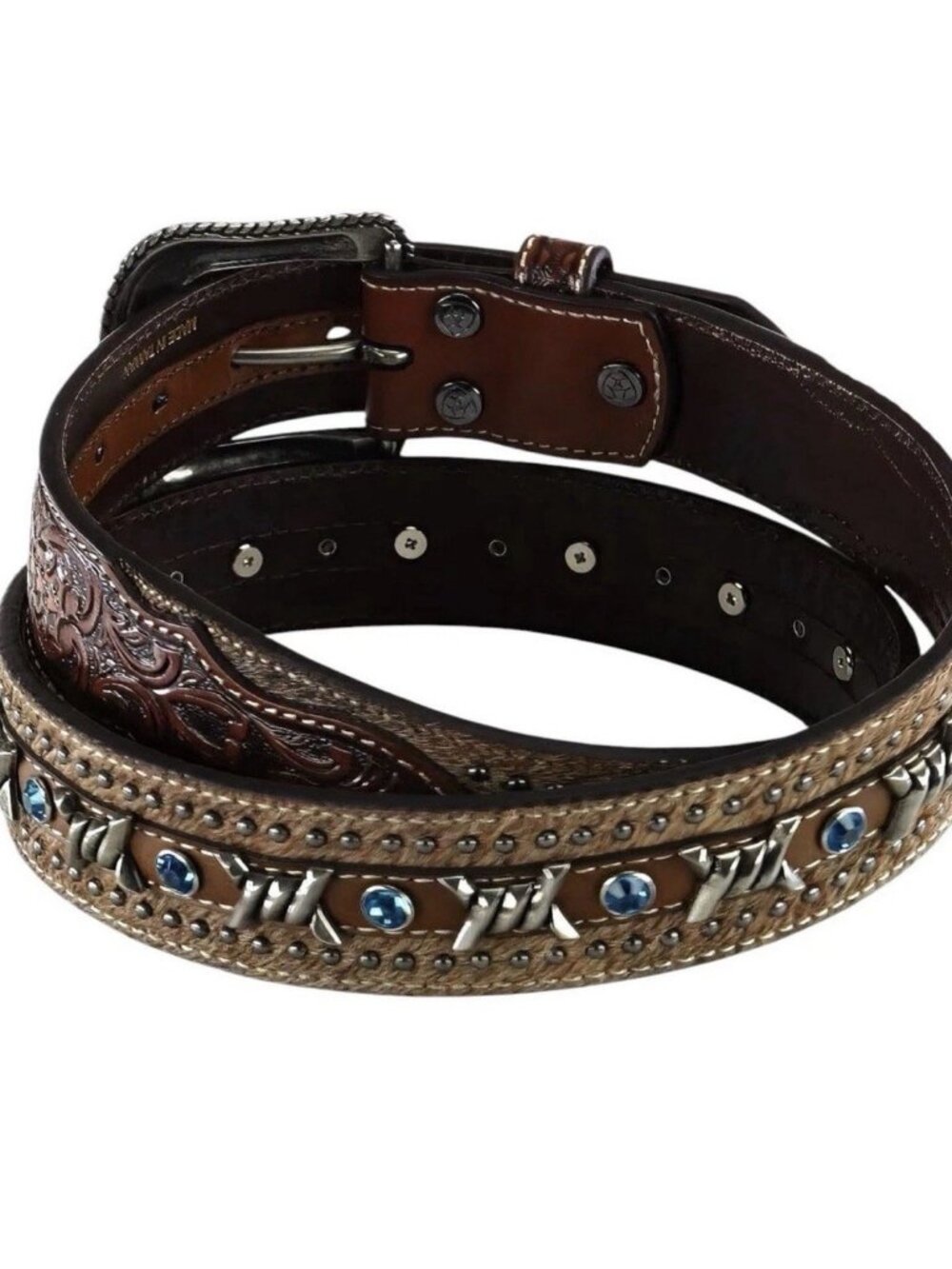 Ariat Men's Western Belt Brown Studded Silver-Tone Buckle Adjustable Size 46 - Picture 3 of 13